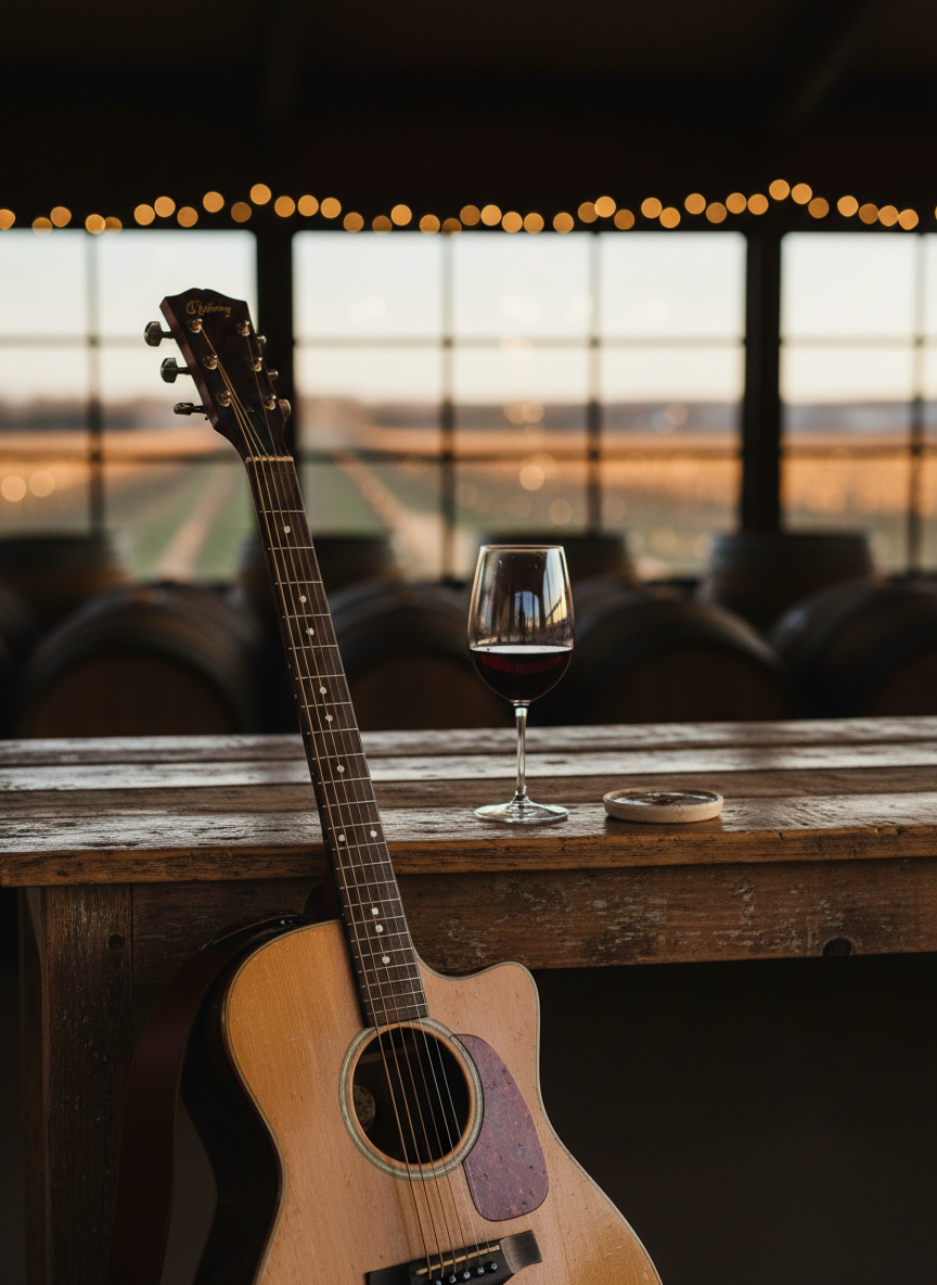 Acoustic guitar and a glass of red wine on a rustic table at a Central Texas winery at dusk
